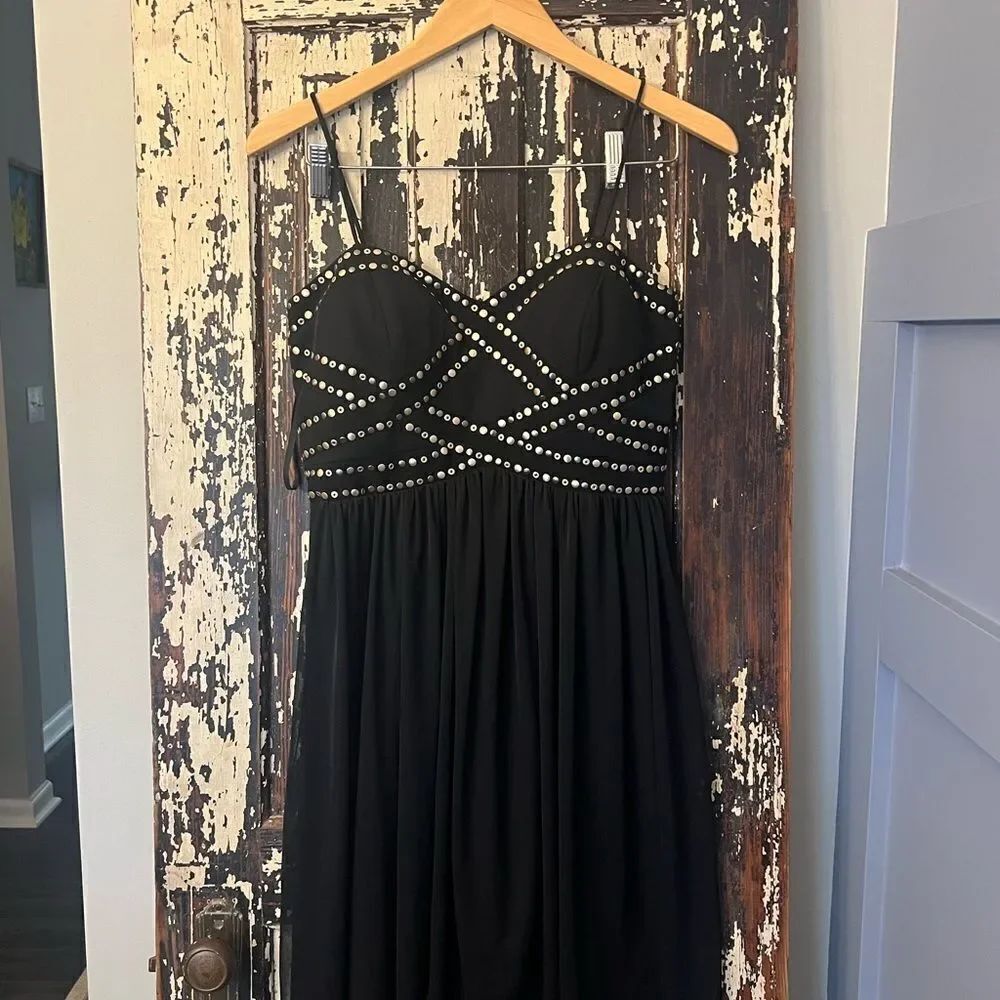 Betsy & Adam black embellished metallic stud high low dress. LBD size 6.